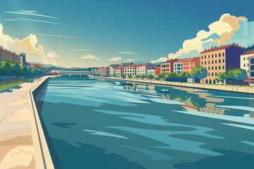 Fototapeta na wymiar Idyllic Riverfront Cityscape Illustration - Perfect for Travel, Urban Planning, and Leisure Themes