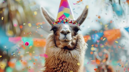 Fototapeta premium A quirky llama wearing a party hat celebrates with a burst of colorful confetti around it.