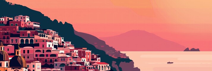 Sunset Hues Over Coastal Village – A Vibrant Illustration for Travel and Cultural Exploration