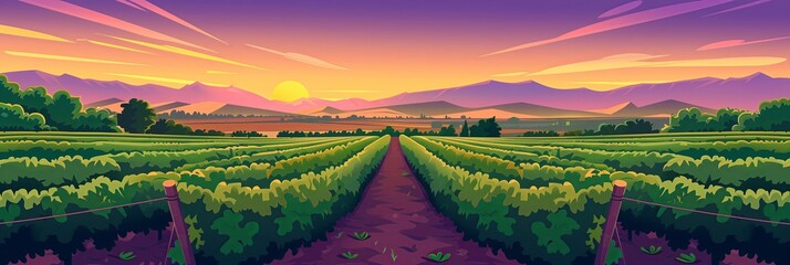 Sunset Over Vineyards: A Picturesque Illustration of Agricultural Beauty – Perfect for Wine and Travel Content - obrazy, fototapety, plakaty