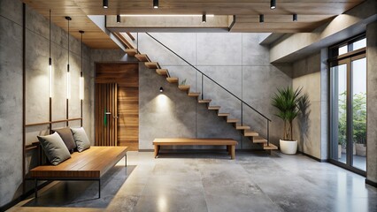Loft interior design of modern entrance hall with rsutuc wooden bench seat - Powered by Adobe