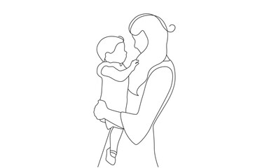 Daughter in mother's arms. Family in vector, outline style.
