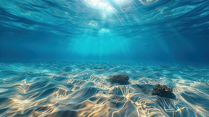 Seabed sand with blue tropical ocean above, empty underwater background with the summer sun shining brightly, creating ripples in the calm sea water - obrazy, fototapety, plakaty