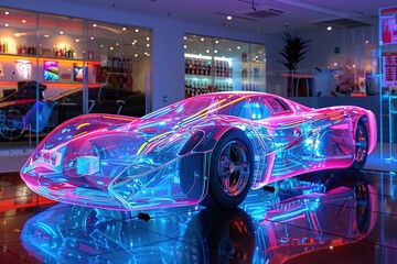 Neon sports transparent super car from the future - obrazy, fototapety, plakaty