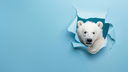 Young polar bear curiously peering through a ripped blue paper, representing curiosity and exploration