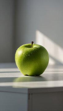 a green apple on a white table in a brightly lit room
