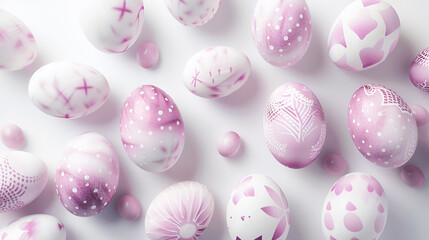 Fototapeta na wymiar Top view Easter background with Easter eggs painted with a gradient with lace ornaments in pastel pink and lilac colors. on a white background with space for text
