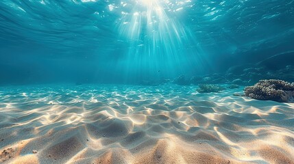 Fototapeta na wymiar Seabed sand with blue tropical ocean above, empty underwater background with the summer sun shining brightly, creating ripples in the calm sea water