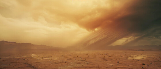 A vast desert storm sweeps across a barren land, the sky aflame with swirling dust. - obrazy, fototapety, plakaty