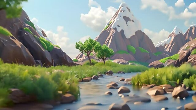 3D illustration of green nature background with river and mountain