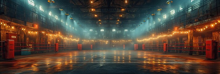 A large room illuminated by numerous lights featuring a striking boxing ring. - obrazy, fototapety, plakaty
