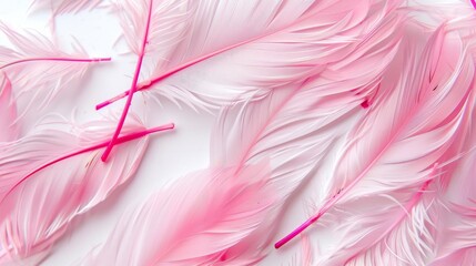 Pink feathers on white background. Template for banner background.