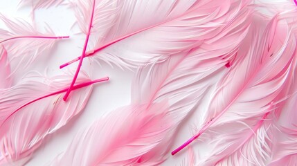 Fototapeta premium Pink feathers on white background. Template for banner background.