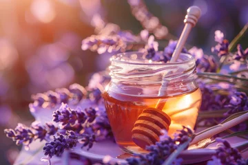 Fototapeten Jar of liquid herbal honey with lavender flowers on background. Generative AI © barmaleeva