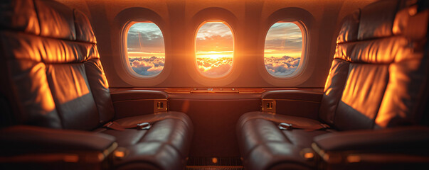 first class business luxury seats for vacations or corporate airplane travel with copy space area...