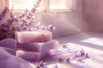Fototapeta na wymiar Scented natural soap bars with lavender flowers. Organic beauty treatment. Generative AI
