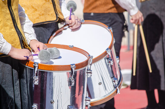 partial view of percussionists at an event of traditional music in Galicia. Folk parade