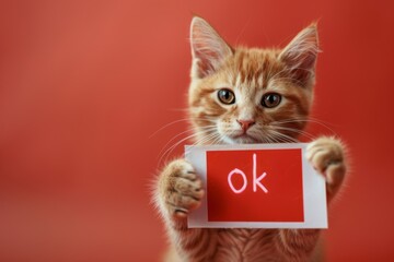 Naklejka premium cat holds sign with inscription ok ,agreement concept