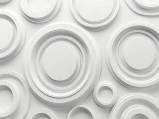 An assortment of white plates in various sizes organized in a clean, modern pattern against a white background.