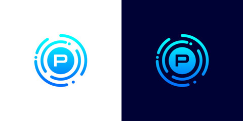 Letter P technology logo with circuit board line style circle for digital,data,connection