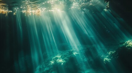 Underwater Scene Illuminated by Beams of Light Filtering, Underwater scene, beams of light, filtering