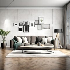 Grey sofa with white pillows and frames white white wall. Minimalist home interior of modern living room.