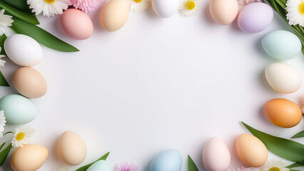 Obraz na płótnie Canvas Frame made of Easter eggs and flowers on white background 