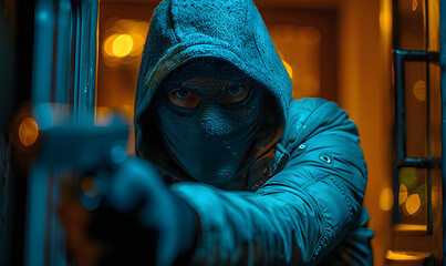 Person in a hood pointing a gun. Close-up shot with tense atmosphere. Thriller and crime concept. Design for poster, film promotion - obrazy, fototapety, plakaty