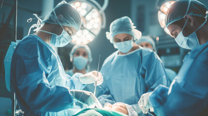 Team of plastic surgeons doctors and nurses performing an operation in a bright modern operating room - obrazy, fototapety, plakaty