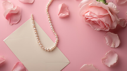 Delicate pastel pink background adorned with a dainty pearl necklace and a vintage love letter for an elegant Mother's Day concept.
