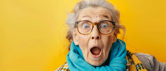 Astonished elderly lady with wide-eyed expression on yellow background.