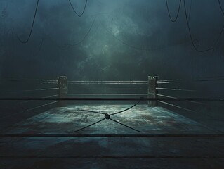 A photo showcasing a boxing ring placed in the center of a dark room, capturing the intense atmosphere of a fight night.