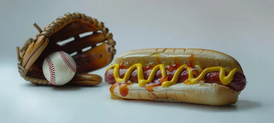 Poster Juicy Hot dog with toppings with a baseball glove and baseball isolated on white background © Peffy's Photography