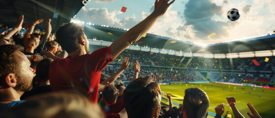 Fans eagerly anticipate a soccer match under a vibrant sunset sky.