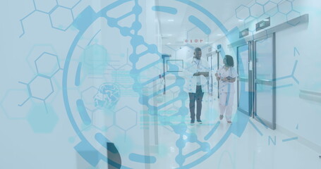 Image of dna strand medical data processing over diverse doctors in hospital
