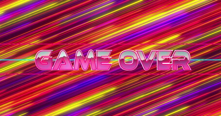 Image of game over text over neon banner against colorful light trails in seamless pattern