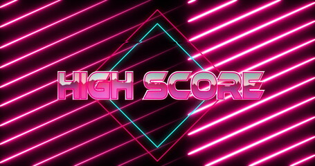 Naklejka premium Image of high score text over neon banner against neon pink light trails in seamless pattern