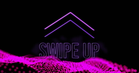 Image of arrows and swipe up text over pink waving mesh