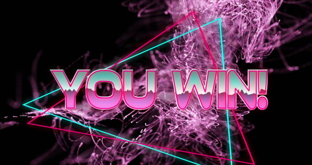 Image of you win text in pink metallic letters over explosion of pink light trails