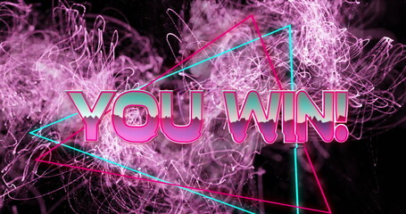 Image of you win text in pink metallic letters over explosion of pink light trails