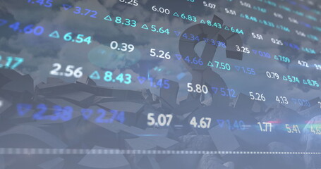 Image of financial data processing over crumbled american dollar symbol