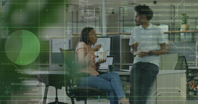 Image of financial data processing over diverse business people working at office