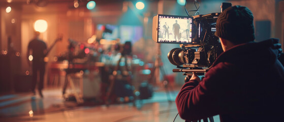 Cinematic behind-the-scenes view of a film crew capturing a night scene on set. - obrazy, fototapety, plakaty