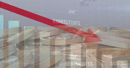 Image of numbers changing and data processing red arrow pointing down over gold coins