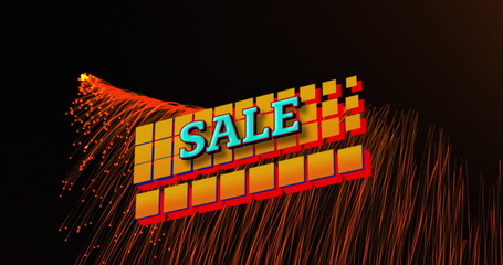 Image of sale text over yellow squares and red glowing light trails over black background