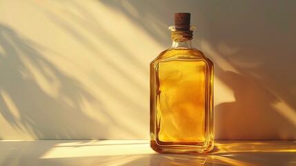 A bottle of liquor is sitting on a table in the sunlight