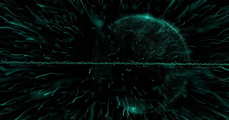Image of explosion of green light trails over globe spinning on black background - obrazy, fototapety, plakaty