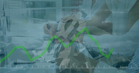 Image of green line processing, crushed american dollar symbol over colleagues in office writing