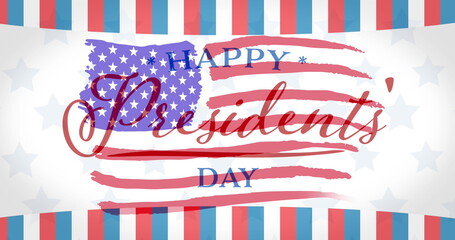 Obraz premium Composition of happy presidents' day text with striped border over american flag