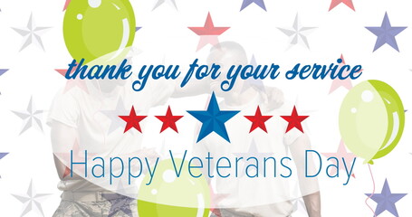 Composition of happy veterans day text and balloons, stars and two smiling soldiers shaking hands - obrazy, fototapety, plakaty